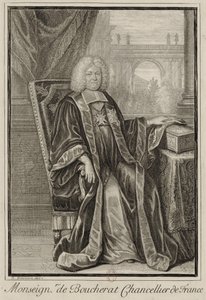 Retrato de Louis Boucherat em vestido de chanceler, a mão posou na cassete dos selos da França
